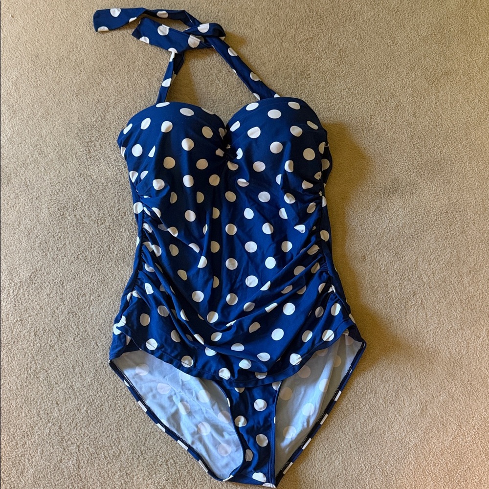 COCOSHIP Navy and White Polka Dot One-Piece Swimsuit.  Slimming